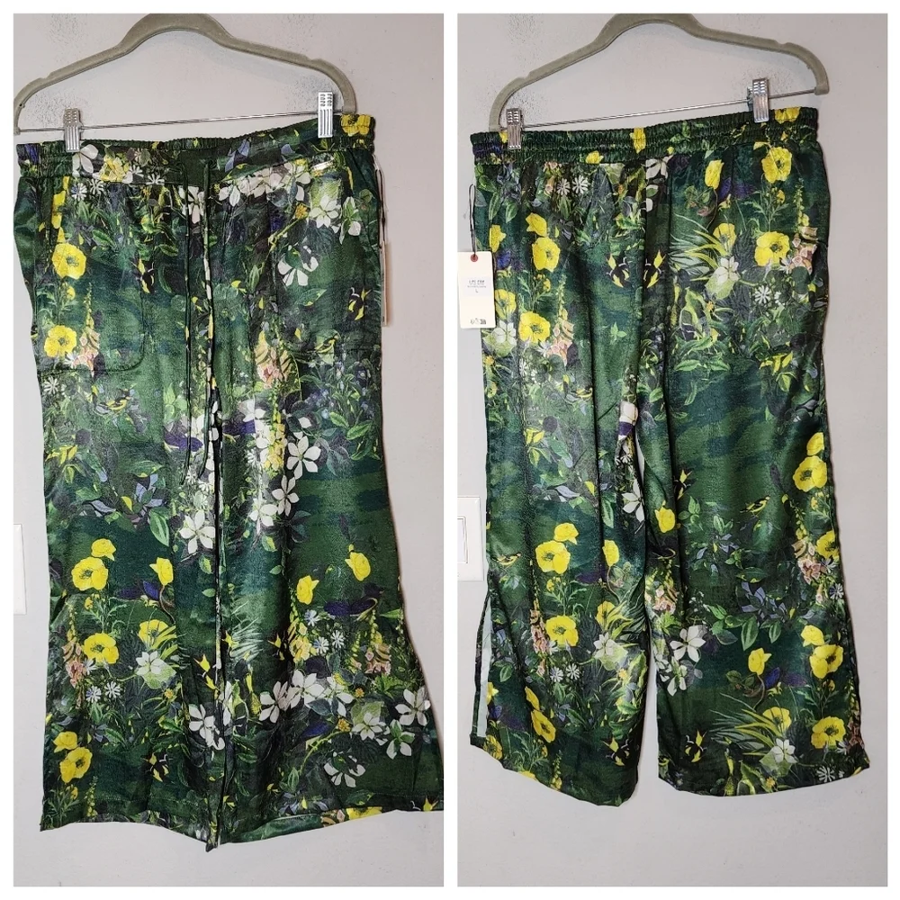 NWT Ted Baker Satin 2 Piece Pajama Set Boxy Green Botanical Birds Size Large